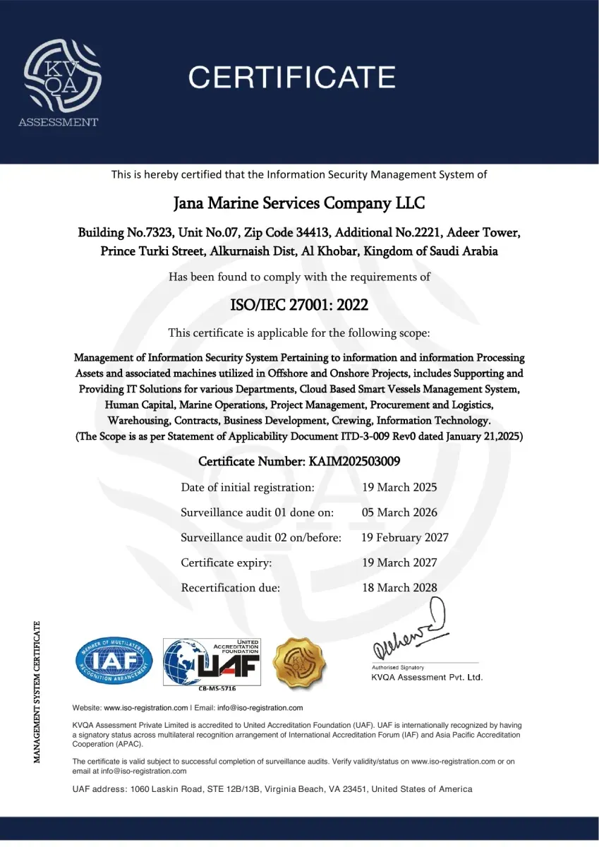 ISO 27001 Certificate - Jana Marine Services