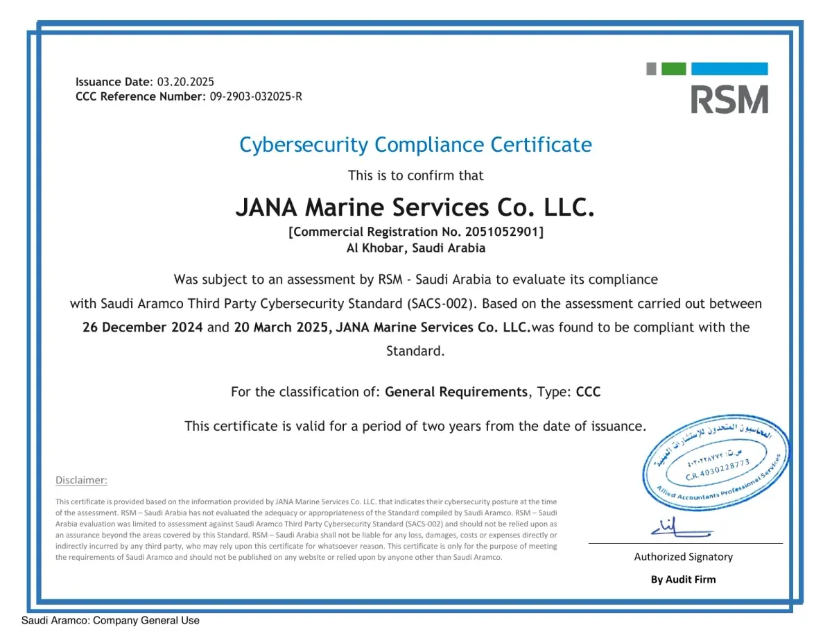JANA Marine Services Cybersecurity Compliance Certificate