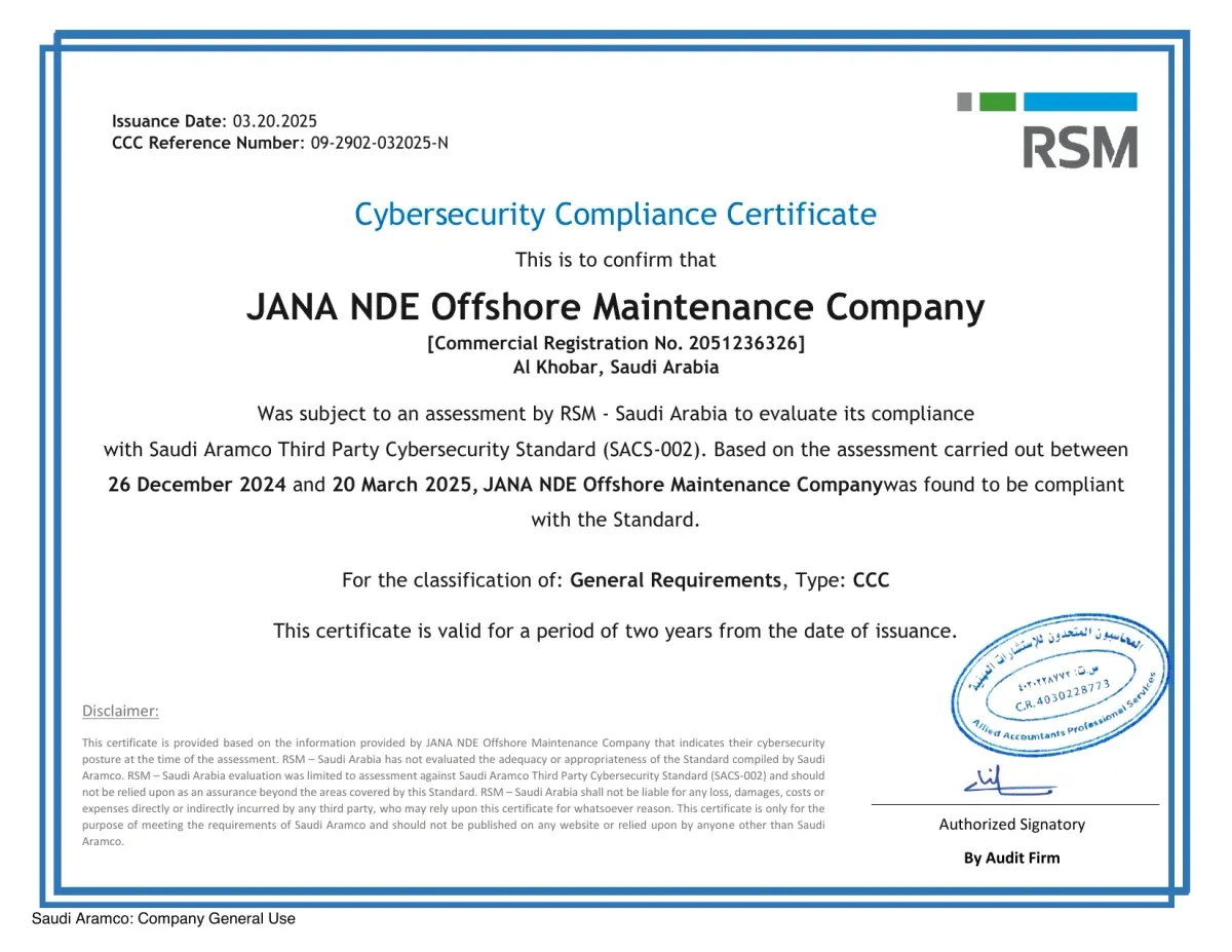 JANA NDE Cybersecurity Compliance Certificate