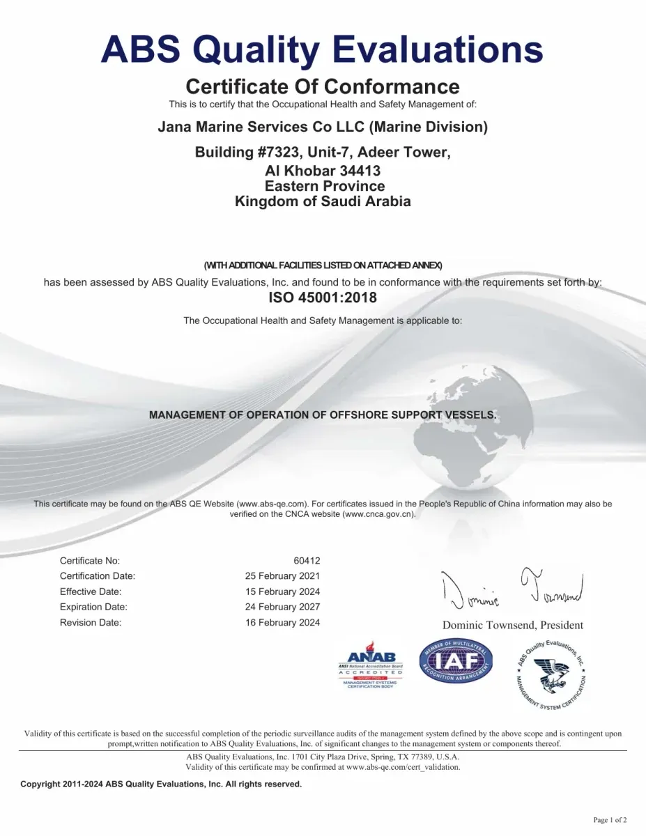 ISO 45001:2018 OHSE – Marine Division