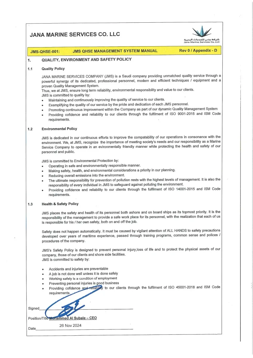 JANA QHSE Policy Marine Division